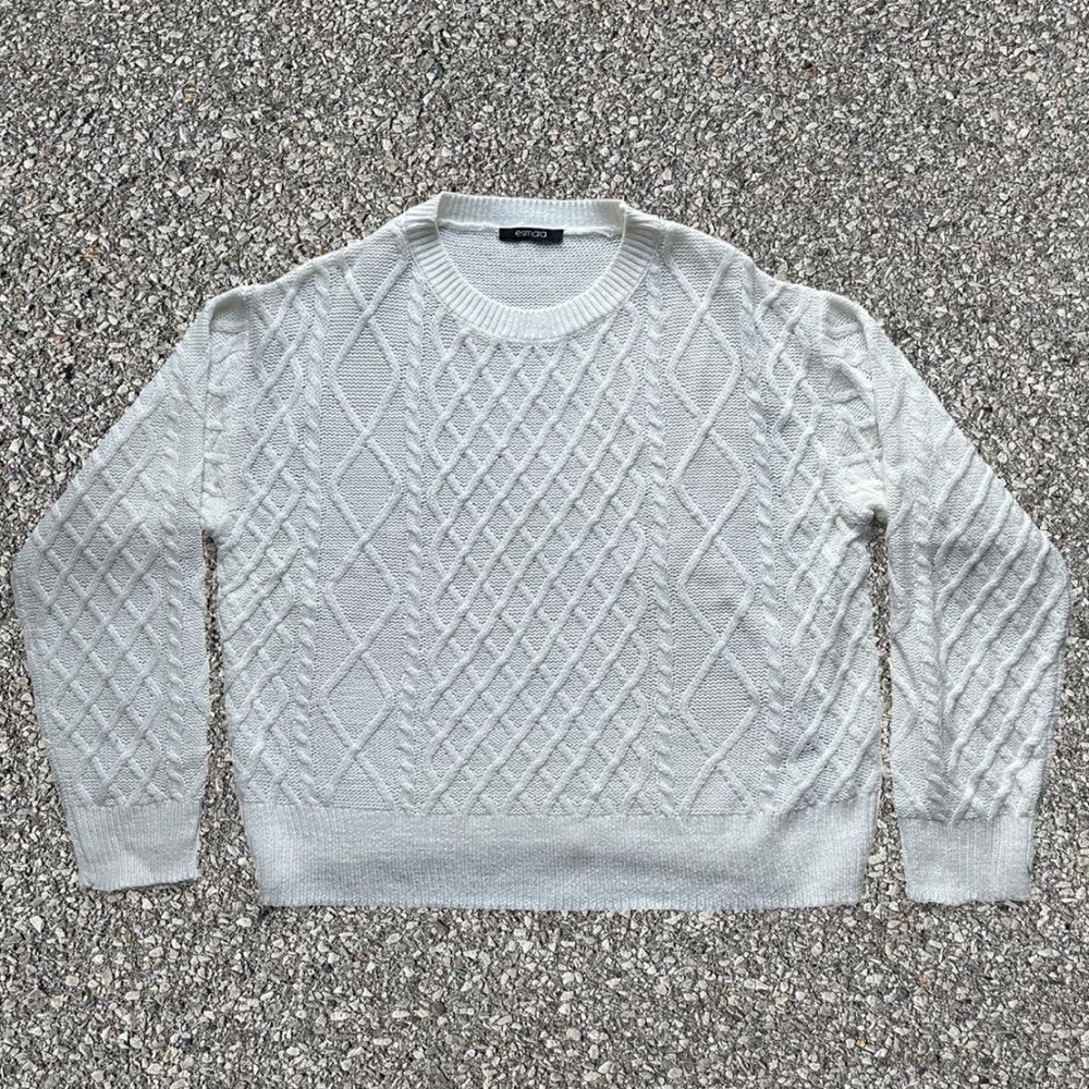 Esmara Women's Sweater Large Solid Ivory Pullover Cable Knit Long Sleeve